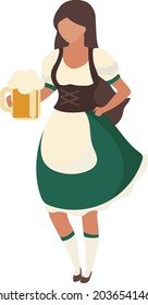 Brunette Barmaid mit Bierglas Halbflachfarbe Vektorgrafik. Vollständige Körperperson auf Weiß. Oktoberfest-Kostüme einzeln auf modernem Cartoon-Stil für Grafikdesign und Animation