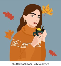 A brunette with a beautiful hairstyle and a warm cosy sweater. Vector illustration of a woman in warm autumn clothes. A girl with coffee or tea in autumn. A woman against the background of leaves