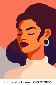 Brunette hermosa mujer con el pelo ondulado labios oscuros retrato de arte pop tarjeta de afiche vectorial ilustración plana. Belleza de la moda joven mujer mínima silueta pastel contemporánea mínima para estampado de camisetas