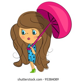 brunette beauty. cartoon girl with umbrella