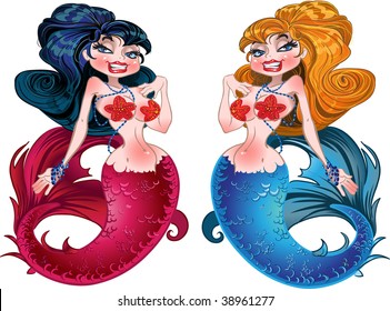 Brunette and Blond mermaids with pink and blue scales