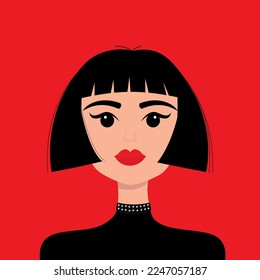 Brunette bob cut hairstyle. Young girl face. Portrait of woman. Beautiful lady, female. Black hair. Avatar for social networks. Red lipstick eyeshadow makeup. Flat design. Red background. Vector