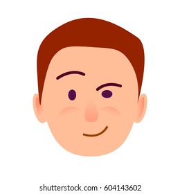 Brunette boy with distrustful look flat art icon on white background. Leer face of male. Conceived the idea. Vector illustration of character and face emotions in cartoon style hand drawn pattern.