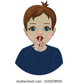 brunette boy dressed in a blue sweater with character shushing "Shhh" to politely tell people to shut up & be quiet to keep silence, kid using finger on mouth gesture to stop people talking