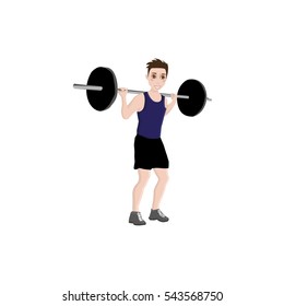 brunette boy make an exercises with barbell
