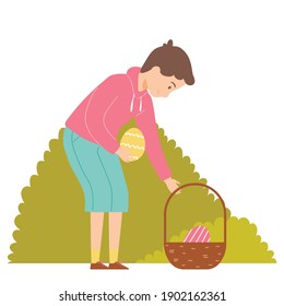 Brunette Junge auf Ostereierjagd im Garten. Suche nach bunten Eiern in einem Park. Junge spielen draußen. Zeichen auf weißem Hintergrund. Vektorgrafik in Flachstil