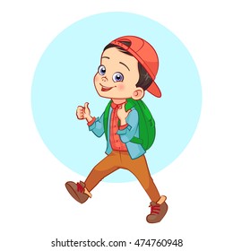 Brunette boy in a red baseball cap with a school satchel show thumbs up gesture. Vector cartoon illustration of a hand sign.