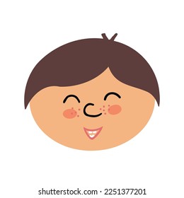 The brunette boy smiles and laughs. Vector Illustration for backgrounds, covers and packaging. Image can be used for greeting cards, posters, stickers and textile. Isolated on white background.