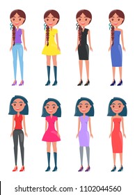 Brunette braided girls in modern casual and elegant looks. Young ladies wears dresses or top with pants. Womans stylish outfits vector collection.