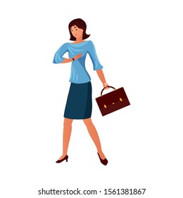 Brunette business girl on work holding case vector illustration
