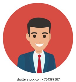 Brunette businessman in blue suit with broad smile portrait in red circle isolated vector illustration avatar userpic. Smiling office worker