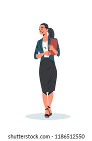 brunette businesswoman holding checklist business woman office worker female cartoon character flat full length isolated vertical vector illustration
