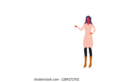 brunette businesswoman pointing hand something female office worker business woman standing pose full length character flat horizontal isolated