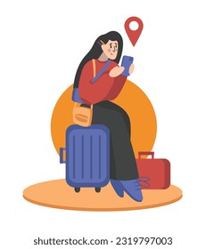 Brunette cartoon positive woman preparing for traveling abroad. Summer vacation trip. Travel agency tour. Discovering new places. Adventure tourist and traveler. Vector