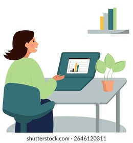 Brunette character sitting at table, working online, remote work, schedule on monitor, online, laptop, houseplant, office, online learning, messenger, chat, communication, conference