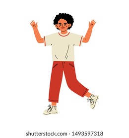 Brunette Cheerful Boy with Curly Hair Standing with Raising Hands Vector Illustration