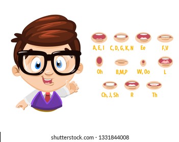 Brunette clever boy in glasses with tie shows to collection of lips, teeth, mouth positions. Can be used for animation, learning of foreign language, in logopedia. Cartoon isolated on white background