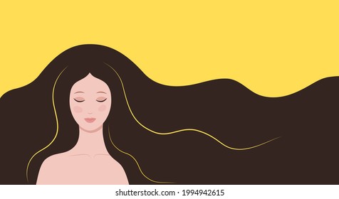 Brunette with closed eyes on yellow background. Face glamor beautiful girl with thick long hair. Background from flowing, waving dark hair. Place for text. Modern colorful flat style. Vector.