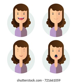Brunette curly girl facial expressions set over white. Vector illustration