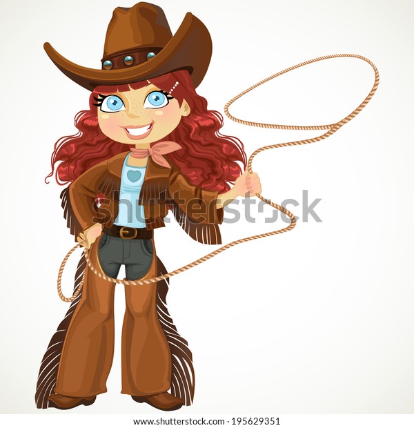 Brunette Curly Hair Cowgirl Lasso Isolated Stock Vector Royalty Free