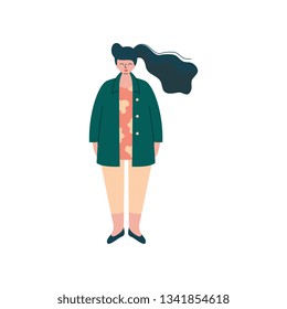 Brunette Curvy Girl in Fashion Trendy Clothes, Beautiful Plus Size Plump Woman Vector Illustration