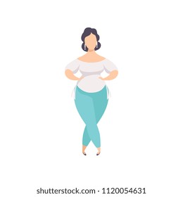 Brunette curvy, overweight girl, beautiful plus size fashion woman, body positive vector Illustration on a white background