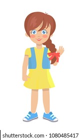 Brunette doll like girl with thick braid in yellow dress, blue jacket and sneakers vector illustration isolated on white. Cute cartoon kindergarten age female