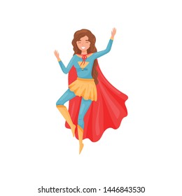 Brunette dressed as a superhero. Vector illustration on white background.