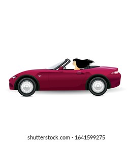 Brunette driving a red convertible. Woman driving. vector illustration.