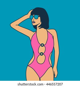 Brunette in fashionable swimsuit. Pop art style.