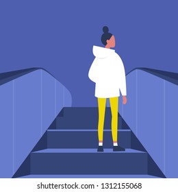 Brunette female Character going up on the escalator. Metro. Subway station. Shopping mall. Flat editable vector illustration, clip art