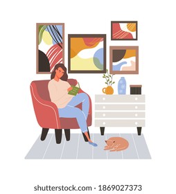 Brunette female character sitting in armchair reading book at home with cat sleeping nearby. Concept of daily life scene by young woman in cozy interior. Flat cartoon vector illustration