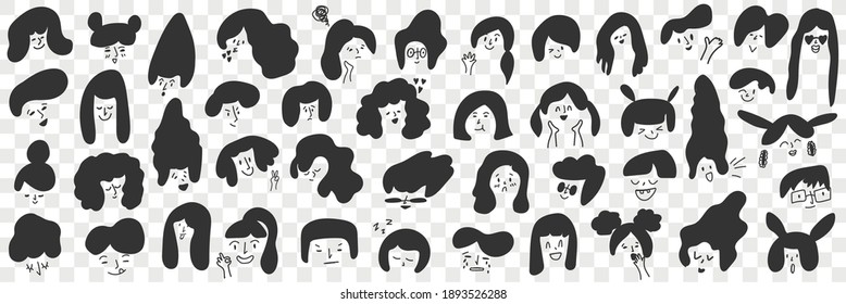 Brunette female hairstyles doodle set