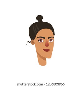 Brunette female with messy bun and dark eyes