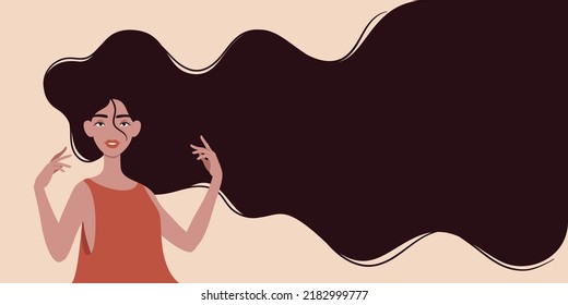 Brunette with flowing hair. Woman with dark long hair. Template for beauty salon, hair salon, shampoo or Women's Day, 8th March. 