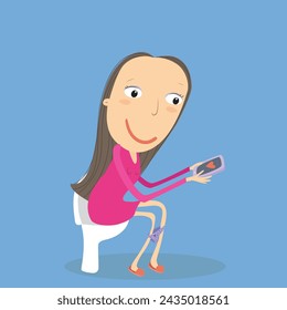 Brunette girl in bathroom with phone. Mother's rest. Funny concept. Vector Illustration.