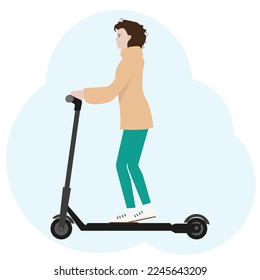 A brunette girl in a beige sweater and turquoise leggings on a scooter. Vector illustration