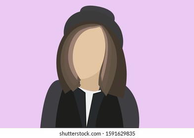 brunette girl in black hat and black jacket on pink background