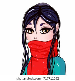 Brunette girl with blue hair and red scarf on isolated background. Print for polygraphy, posters and textiles