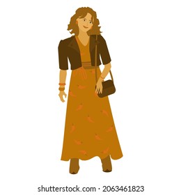 Brunette girl in boho outfit . Modern women in in a long dress with a print and a belt and short jaket . Vector illustration on white background