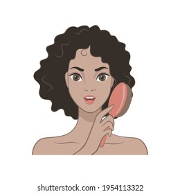 Brunette girl is brushing her hair. Vector illustration isolated on white background