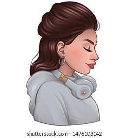 Brunette girl with closed eyes in a white sweater with headphones. Vector illustration