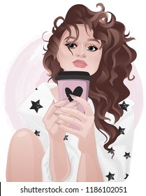 Brunette girl with coffee in her hands