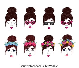 brunette girl in different images, with flower wreath, sunglass. Vector Illustration for backgrounds and packaging. Image can be used for cards, posters and stickers. Isolated on white background.