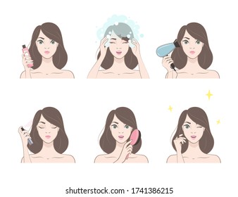 Brunette girl doing hair care. Set of hair treatment procedure.Vector illustration