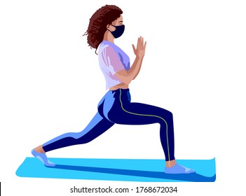 Brunette girl dressed in pink top, blue leggings, white socks and surgical mask doing yoga on blue training mat. Corona virus solo activity in nature. Vector