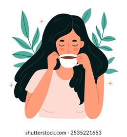 Una chica morena bebe café sobre un fondo de hojas. Chica de personaje plano de moda con una taza de café o té relajante sobre el fondo de hojas. 