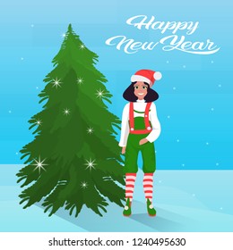 brunette girl elf costume near fir tree happy new year merry christmas concept flat