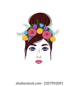 Brunette girl with flower wreath. Vector Illustration for printing, backgrounds, covers and packaging. Image can be used for greeting card, poster, sticker and textile. Isolated on white background.