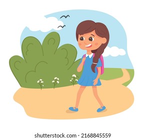 Brunette girl goes to school with a backpack on her back. Schoolgirl walking in the park.